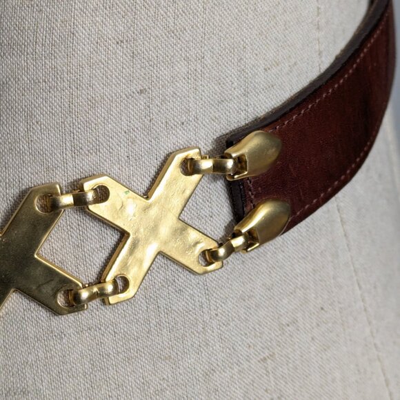 Kudos genuine leather belt chestnut brown + gold tone XXX accents made in Spain - Picture 10 of 11